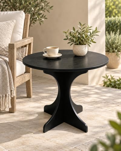 24in Black Round Side Table, Modern Accent End Table with Curved 4-Sided Tripod Base, Minimalist Large Round Side Table Easy Assembly Coffee Table for Living Room Bedroom Balcony