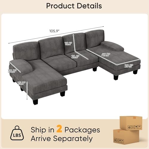 YESHOMY U-Shaped Cloud Sectional Sofa, Deep Seat Modern Couch with Chaise