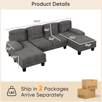 YESHOMY U-Shaped Cloud Sectional Sofa, Deep Seat Modern Couch with Chaise