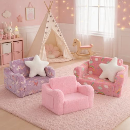 Kids Sofa Chair, 2-in-1 Foldable Couch, Plush, Lavender Purple