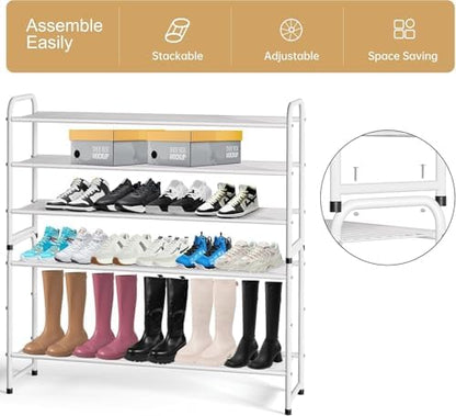 3-Tier Long Shoe Rack for Closet Metal Shoe Organizer for Entryway, Wide Stackable Shoe Storage Shelf with Sturdy Wire Grid for Closet Floor, Bedroom, White