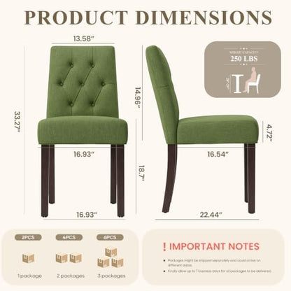 MALOL Upholstered Dining Chairs Set of 2, Tufted Fabric Kitchen Chairs with Solid Wood Legs, Modern Dining Room Side Chairs for Home, Restaurant, Guest Room and Vanity, Green
