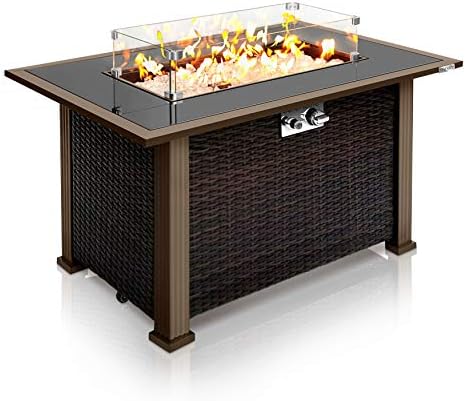 SereneLife Outdoor Gas Fire Pit Table, 50,000 BTU Propane Burner, Auto Ignition, Tempered Glass Wind Guard, Stainless Steel Control Panel, Clear Glass Rocks, Patio Backyard Firepit Table