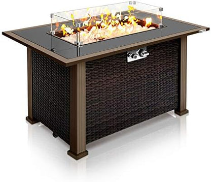 SereneLife Outdoor Gas Fire Pit Table, 50,000 BTU Propane Burner, Auto Ignition, Tempered Glass Wind Guard, Stainless Steel Control Panel, Clear Glass Rocks, Patio Backyard Firepit Table