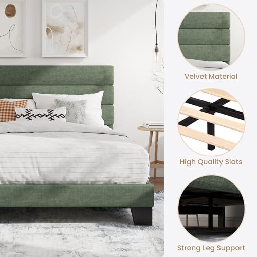SHA CERLIN Queen Platform Bed Frame with Upholstered Fabric Headboard,Green