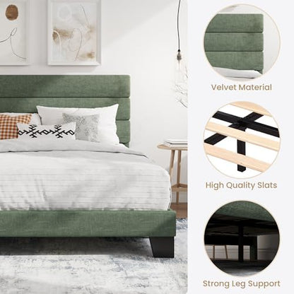 SHA CERLIN Queen Platform Bed Frame with Upholstered Fabric Headboard,Green