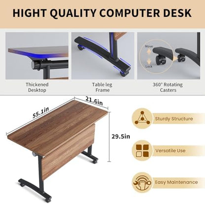 Folding Conference Table, Conference Room Tables with Wheels Foldable Large Rectangle Meeting Seminar Table for 6-12 People, Flip Top Mobile Training Table for Office Classr (4, Walnut 3, 55.1in)