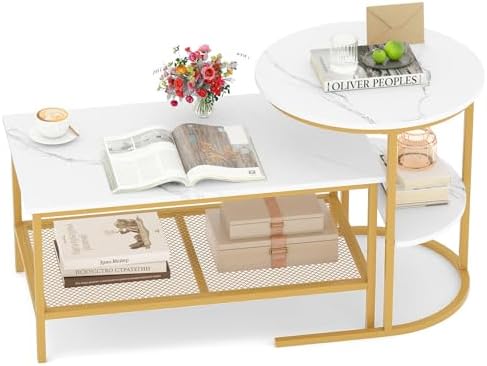GOFLAME Nesting Coffee Table Set of 2, 2 PCS Nesting Tables with Faux Marble Top and Extra Storage Shelf, Modern Round End Table & Rectangular Coffee Tables for Living Room, Bedroom, Gold+White