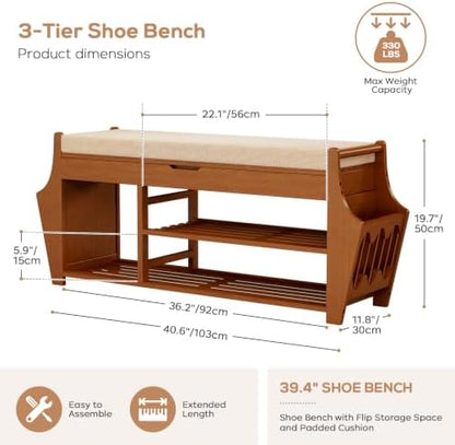 39.4in Shoe Bench with 2 Holder, 3 Tier Bamboo Entryway Bench with Storage