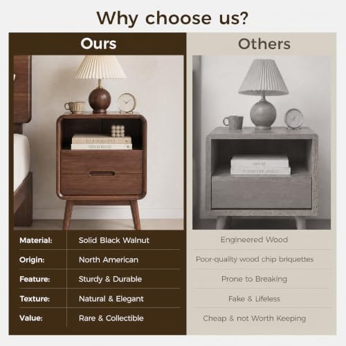Solid Wood Nightstand, Walnut Night Stand with 2 Drawers and Open Storage, Mid Century Modern Nightstands for Small Space, Bedside Table for Bedroom, Dorm(23.23" H)