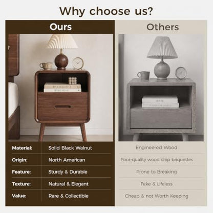 Solid Wood Nightstand, Walnut Night Stand with 2 Drawers and Open Storage, Mid Century Modern Nightstands for Small Space, Bedside Table for Bedroom, Dorm(23.23" H)