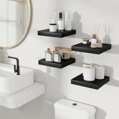 Small Floating Shelves for Wall Decor (Black, Set of 4, 9.3"x9.3")