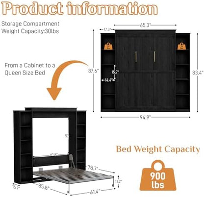 Queen Size Murphy Bed with 2 Storage Cabinet, Farmhouse Wood Hidden Foldable Wall Bed Frame, Space Saving Beds with Shelves, Murphy Bed Queen for Guest Room,Apartment,Office,Bedroom, Black Grey