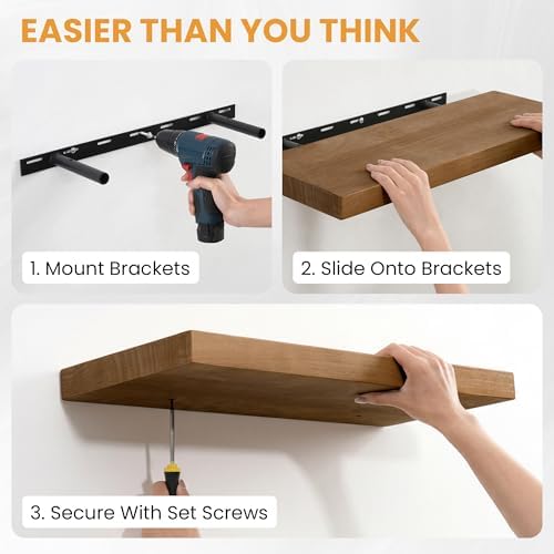 Wood Floating Shelves Set of 2, Rustic Pine Wood Floating Shelves for Wall Mounting, Wide Wall Shelf for Home Decor and Storage, 36" W x 7" D, Light Walnut
