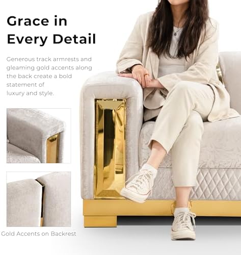 Furniture of America Samison II Glam 2-Piece Solid Wood Upholstered Sofa Set with Accent Pillows, Damask Pattern and Gold Base, Comfortable Couch and Loveseat for Living Room, Bedroom, Office, Beige