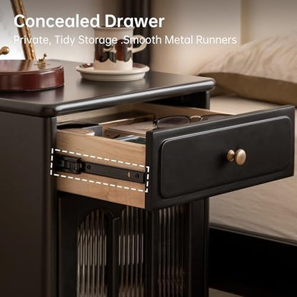 Solid Wood Nightstand Set of 2, Wooden Nightstands with Drawer and Fluted Glass Door – Mid Century Modern Farmhouse Vintage Night Stand, Left and Right Set, 15.75" D x 16.54" W x 22.83" H