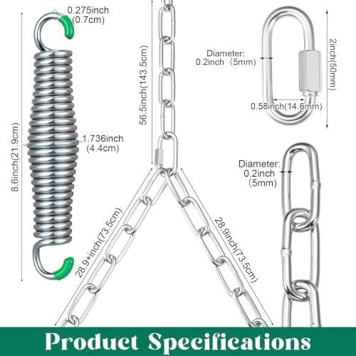 Heavy Duty Porch Swing Hanging Kit with Springs, 1500 Lbs Capacity, up to 7.1ft Length, 2 Pack Zinc‑Plated Swing Springs & Y-Chain for Hammock Chair, Indoor Outdoor Hanging Hardware(Silver)