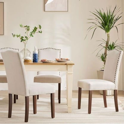 Kitchen Chairs Set of 2 Modern Upholstered Fabric Seat with Nailhead Trim and Ergonomic Lumbar Support for Living Room and Rustic Farmhouse Dining Area, Beige