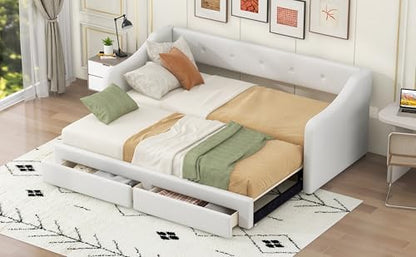 Twin XL to King Size Upholstered Daybed with Two Drawers Bed Frame for Boys Girls Kids Adults, Beige