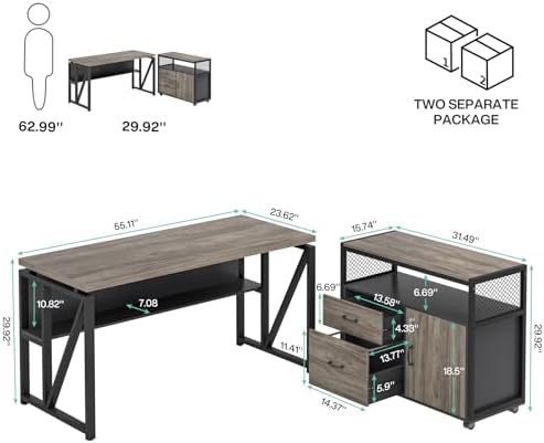 Tribesigns Grey Executive Desk with Cabinet, 55" L Shaped Computer Desk and lateral File Cabinet with Locks, 2 Piece Home Office Furniture Set for Hanging