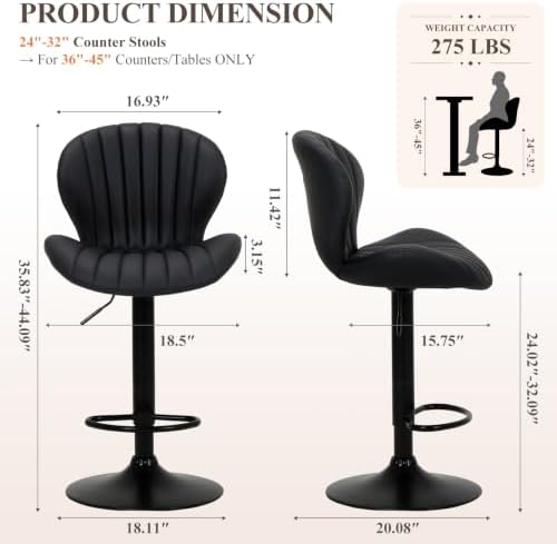 COLAMY Bar Stools Set of 2,Swivel Adjustable Height Leather Bar Chair,Black