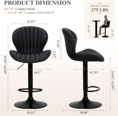 COLAMY Bar Stools Set of 2,Swivel Adjustable Height Leather Bar Chair,Black