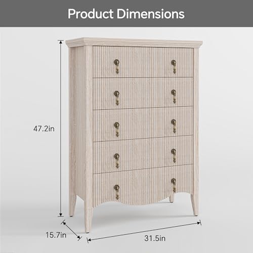 5-Drawer 47" Tall Fluted Dresser, Vertical Chest of Drawers,Nature Oak