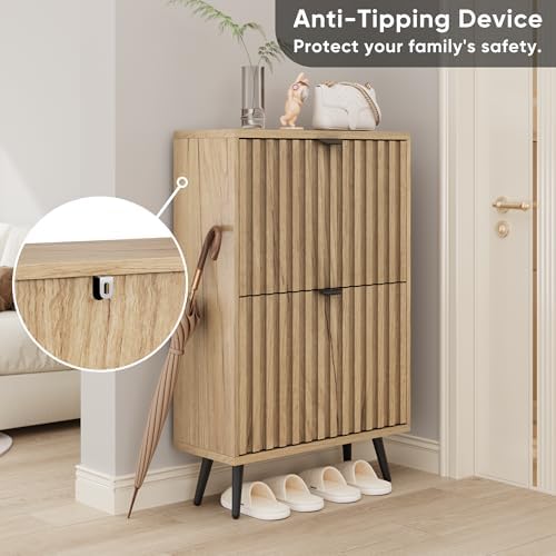 Smuxee Shoe Cabinet with 2 Flip Drawers, 23.6" Natural Hidden Shoe Storage Cabinet with Fluted Design, Freestanding Shoe Organizer Cabinet for Entryway, Hallway, Closet, Living Room