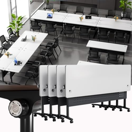 Conference Table, Folding Conference Room Tables with Wheels, Modular Flip Top Nesting Training Table, Modern Rolling Meeting Stackable Tables for Mobile Office Boardroom Classroom, White 4Pack