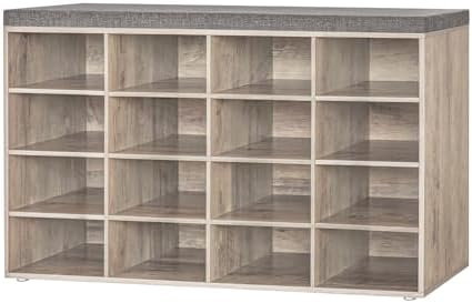Shoe Storage Bench with Cushion, 16-Cubby Shoe Rack with Seat