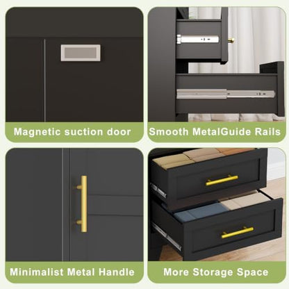 Tall Narrow Storage Cabinet with Door, Drawers & Wine Rack, Freestanding Black Pantry Cupboard with Golden Handles, Modern Display Cabinet for Kitchen Living Room