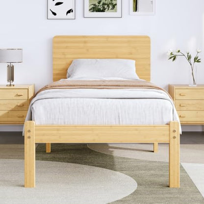 BOSRII 18in Bamboo Wood Platform Twin XL Bed Frame with Headboard, Natural