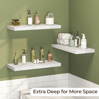 Floating Shelves for Wall 24 Inch Set of 3, Farmhouse Floating Shelves with Invisible Heavy Duty Bracket, 10 Inch Deep Bathroom Shelves for Storage, Living Room, Kitchen, Decor, White