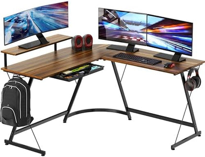 SHW 51 x 51 L-Shaped Corner Desk w/Monitor Stand and Drawer, Walnut