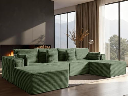 138" Cloud Sectional Couch, Comfort U Shaped Boneless Couch for Living Room, Extra Deep Seats No Assembly, Minimalist Modular Sofa, Corduroy (Olive Green, 3 Seater+Left Facing Chaise+Ottoman)
