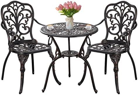 Bistro Set 3 Piece Outdoor Bistro Table and Chair Set of 2 Cast Aluminum Patio Furniture with Umbrella Hole,Patio Bistro Table Sets for Garden,Yard(Brown)