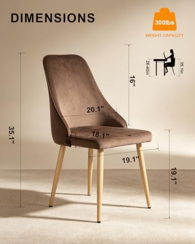 High Back Dining Chairs Set of 2, Mid-Century Modern Living Room Chairs, Upholstered Kitchen Chairs with Velvet Comfortable Seats for Bedroom Office, Easy Assembly-Brown