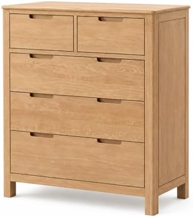 Solid Oak Nightstand, 5 Drawer Bedside Table for Bedroom, Solid Wood Storage Organizer, Modern Side Table for Living Room, Hallway, Closet (Natural, 38" H)