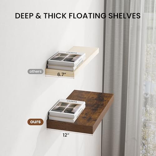 Dreamland 72" Floating Shelves for Wall, 12" Deep Thicker Floating Shelves, Wall-Mounted Shelves for Bedroom, Living Room, Kitchen, Bathroom,Rustic Brown - Set of 1