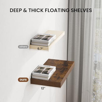 Dreamland 72" Floating Shelves for Wall, 12" Deep Thicker Floating Shelves, Wall-Mounted Shelves for Bedroom, Living Room, Kitchen, Bathroom,Rustic Brown - Set of 1