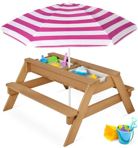 Best Choice Products Kids Picnic Table with Umbrella & Sensory Bins Fuchsia