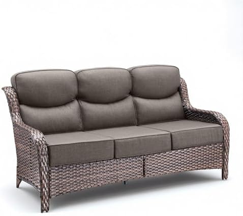 Wicker Patio Sofa with 6" Thick Cushions, All-Weather Outdoor Rattan Couch with High Backrest and Deep Seat, Outdoor Patio Sofas for Porch, Yard, Garden, Brown/Grey