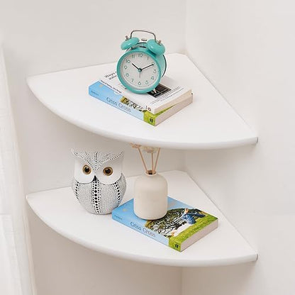 Corner Shelves, White Floating Corner Shelf, Set of 2 12inch Solid Oak Wood Wall Shelves, Round End Wall Mount with Wire Hole for Small Plant for Bedroom Kitchen, Living Room