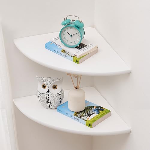 Corner Shelves, White Floating Corner Shelf, Set of 2 12inch Solid Oak Wood Wall Shelves, Round End Wall Mount with Wire Hole for Small Plant for Bedroom Kitchen, Living Room