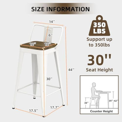 Bar Stools Set of 2, Metal Bar Stools with Wooden Seat, Modern 30”Counter Height Barstools with Low Back, White