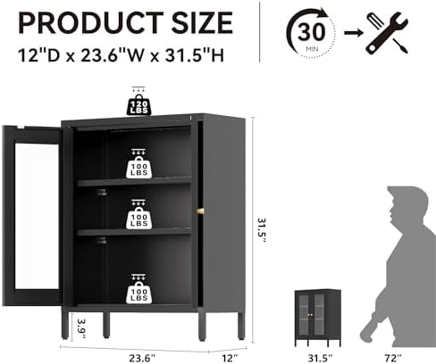 COFaR 31.5"H Metal Storage Cabinet, Display Cabinet with Glass Doors, Black