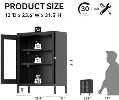 COFaR 31.5"H Metal Storage Cabinet, Display Cabinet with Glass Doors, Black