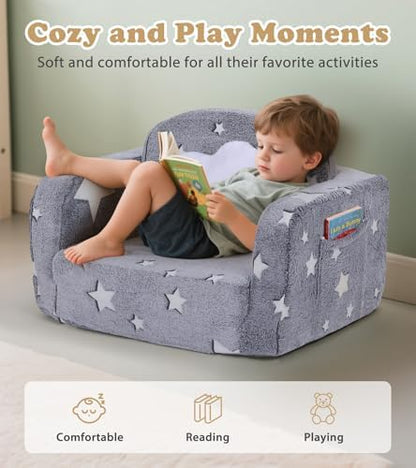 Kids Couch, 2-in-1 Soft Toddler Couch Fold Out with with Blanket and Cloud Pillow, Glow in The Dark, Toddler Chair Comfy, Convertible Sofa, Gifts for Kids Girl Boys, Medium Grey Star