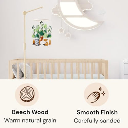 Crib Mobile Arm Wooden Floor Standing - 61 Inches Mobile Arm for Crib|Movable Baby Mobile Hanger|Strong Anti-Dumping Attachment|Natural EU Beech Wood|Thicker Pole|Boho Nursery Decor