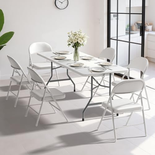6FT White Plastic Folding Table Set with 6 White PU Padded Chairs